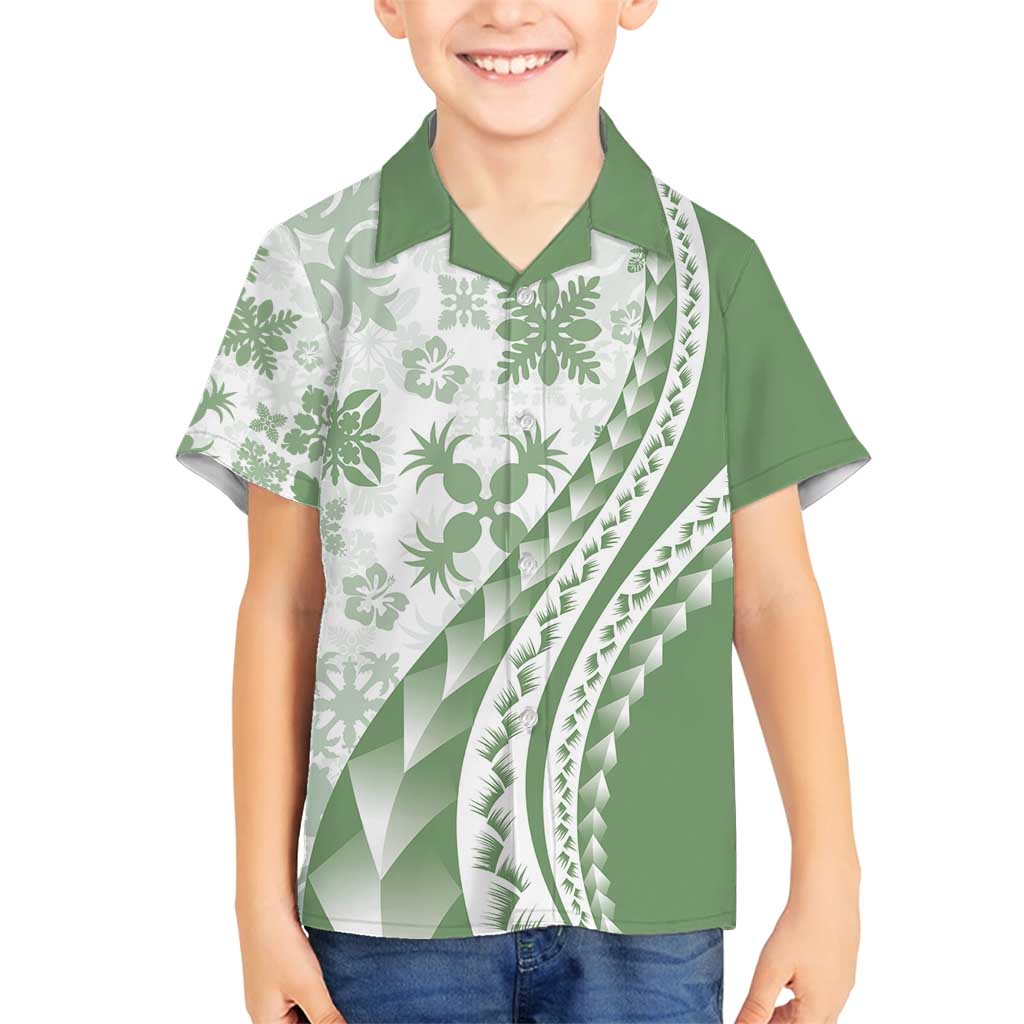 Green Hawaiian Quilt Pattern Family Matching Puletasi and Hawaiian Shirt Mixed Polynesian Tribal Arty