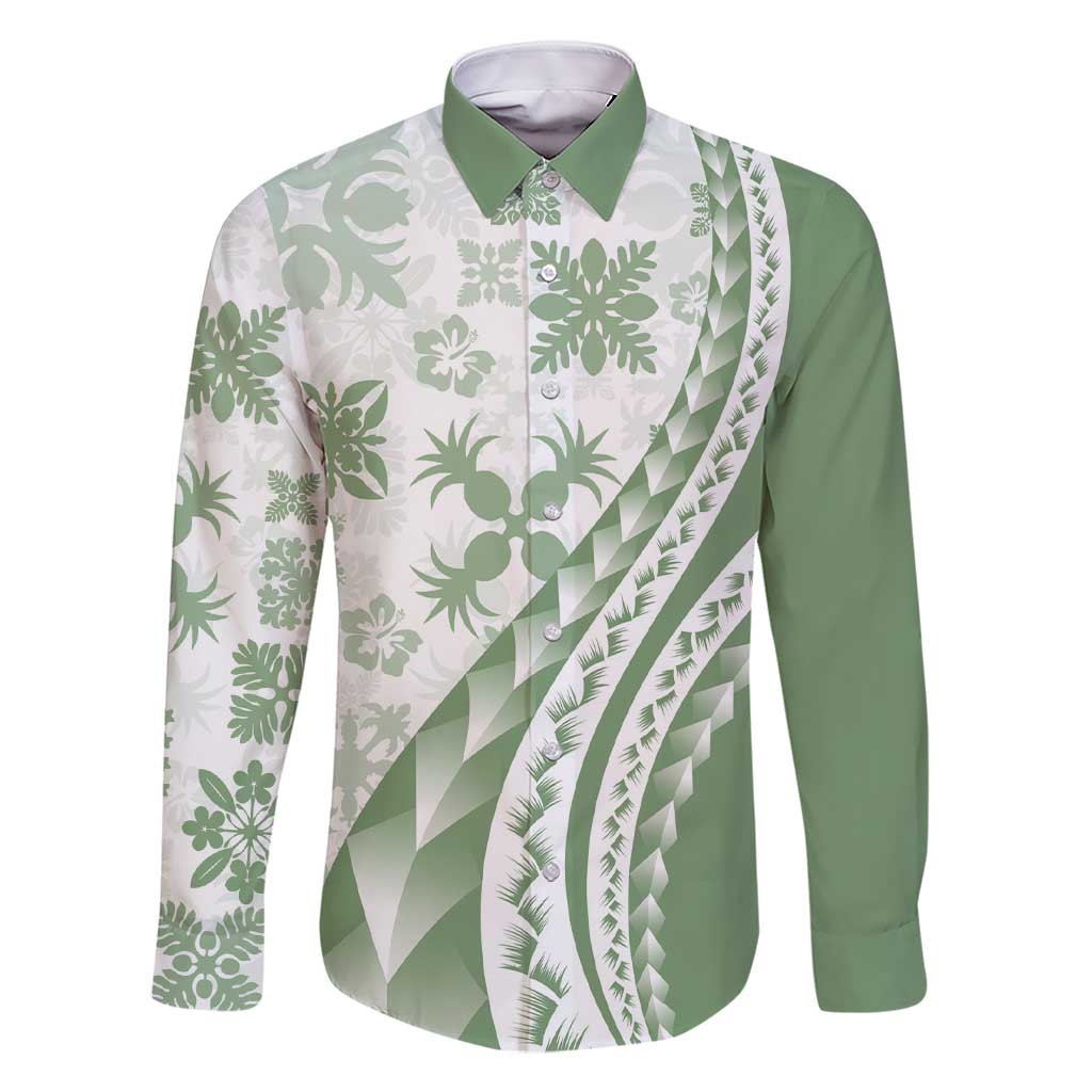 Green Hawaiian Quilt Pattern Family Matching Short Sleeve Bodycon Dress and Hawaiian Shirt Mixed Polynesian Tribal Arty