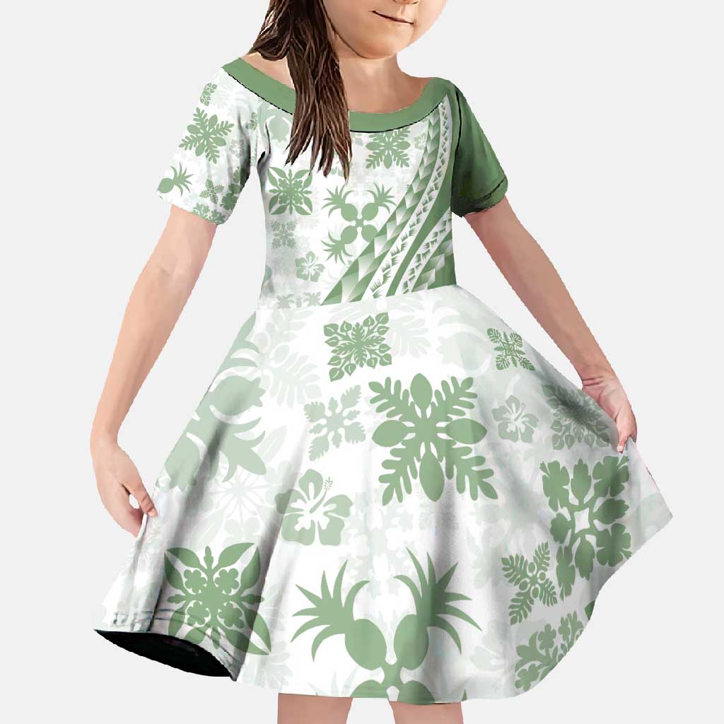 Green Hawaiian Quilt Pattern Family Matching Summer Maxi Dress and Hawaiian Shirt Mixed Polynesian Tribal Arty