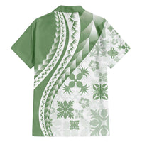 Green Hawaiian Quilt Pattern Family Matching Summer Maxi Dress and Hawaiian Shirt Mixed Polynesian Tribal Arty