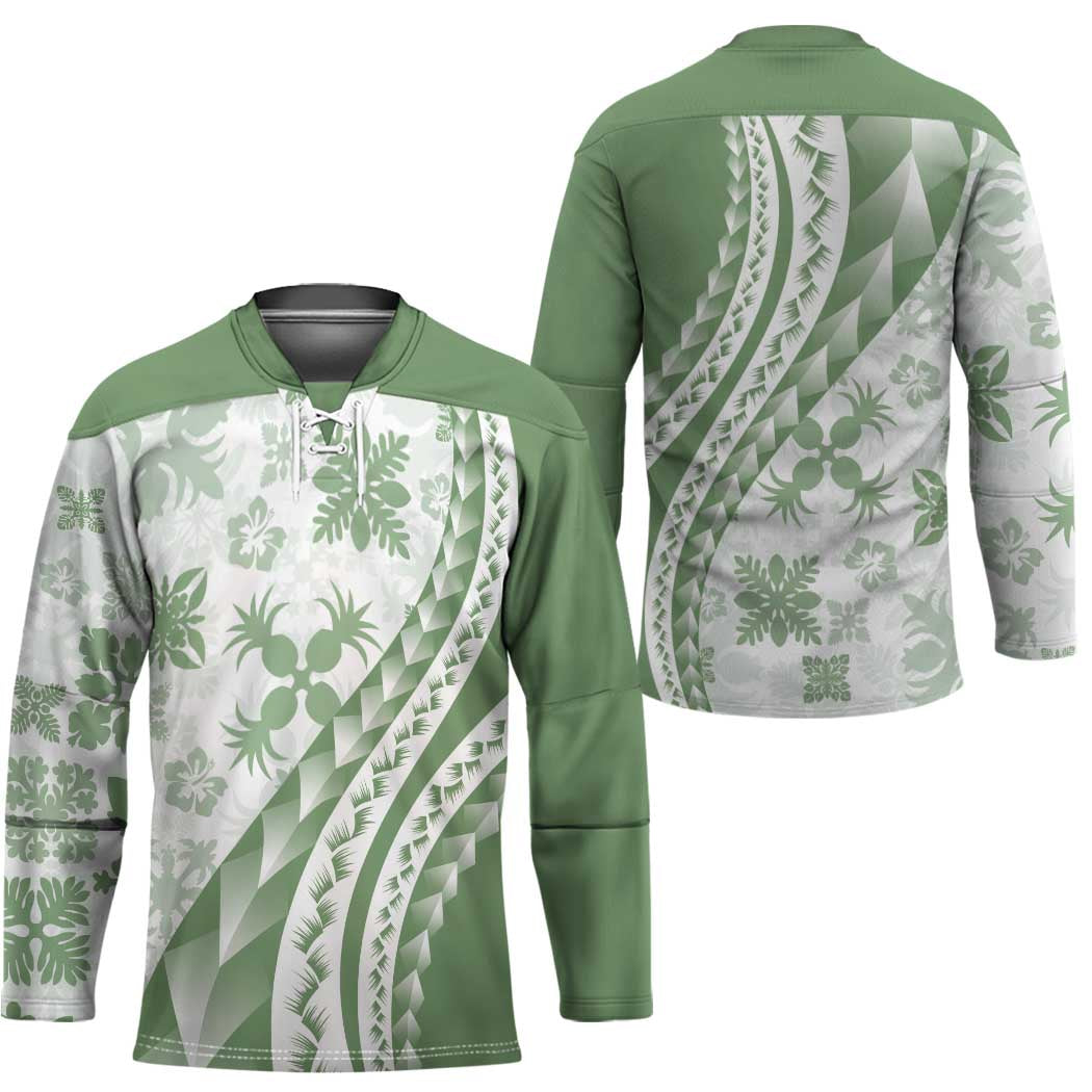 Green Hawaiian Quilt Pattern Hockey Jersey Mixed Polynesian Tribal Arty - Polynesian Pride
