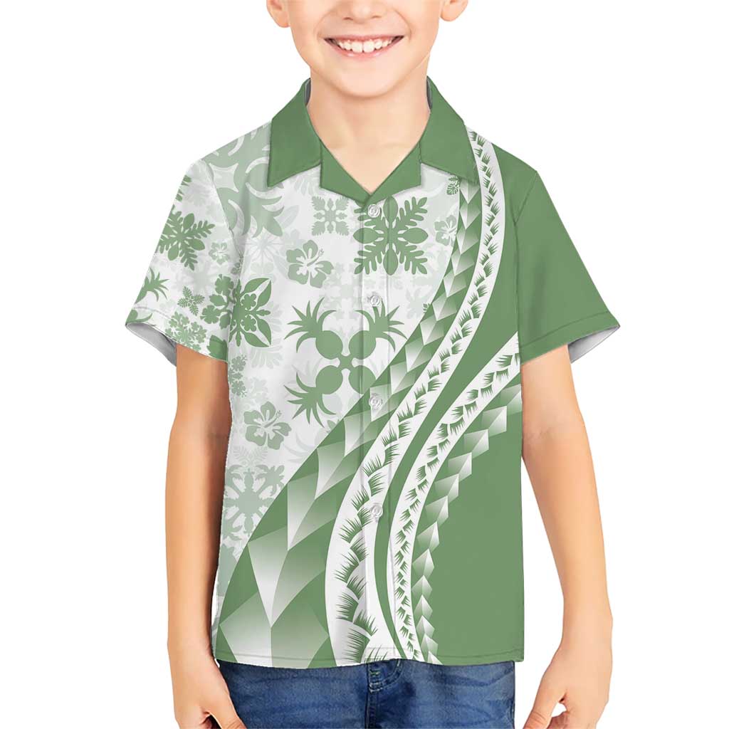 Green Hawaiian Quilt Pattern Kid Hawaiian Shirt Mixed Polynesian Tribal Arty