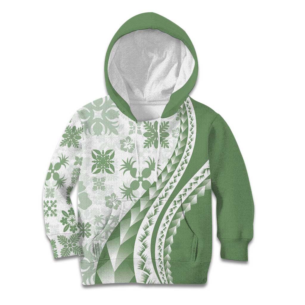 Green Hawaiian Quilt Pattern Kid Hoodie Mixed Polynesian Tribal Arty