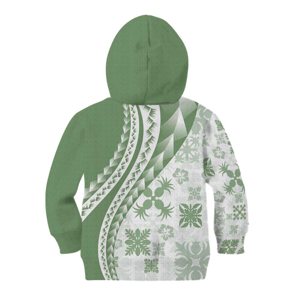 Green Hawaiian Quilt Pattern Kid Hoodie Mixed Polynesian Tribal Arty