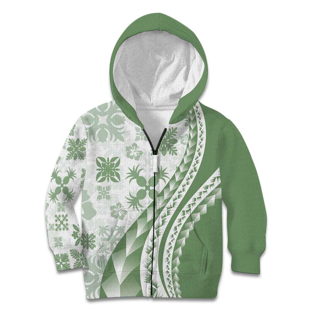 Green Hawaiian Quilt Pattern Kid Hoodie Mixed Polynesian Tribal Arty