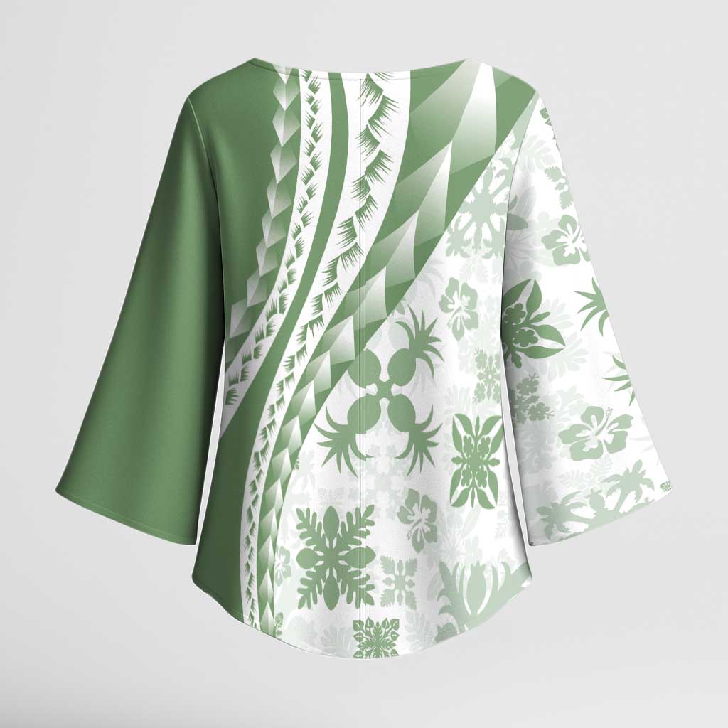 Green Hawaiian Quilt Pattern Kimono Sleeve Blouse Mixed Polynesian Tribal Arty - Polynesian Pride