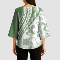 Green Hawaiian Quilt Pattern Kimono Sleeve Blouse Mixed Polynesian Tribal Arty - Polynesian Pride