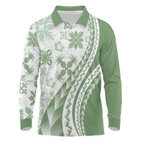Green Hawaiian Quilt Pattern Long Sleeve Polo Shirt Mixed Polynesian Tribal Arty