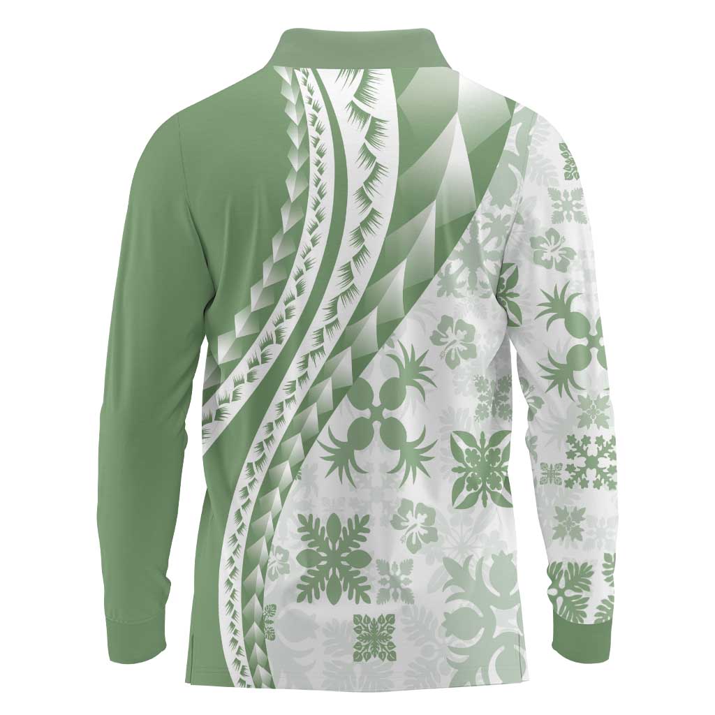 Green Hawaiian Quilt Pattern Long Sleeve Polo Shirt Mixed Polynesian Tribal Arty
