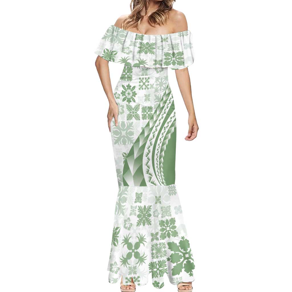Green Hawaiian Quilt Pattern Mermaid Dress Mixed Polynesian Tribal Arty