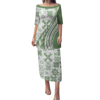 Green Hawaiian Quilt Pattern Puletasi Mixed Polynesian Tribal Arty