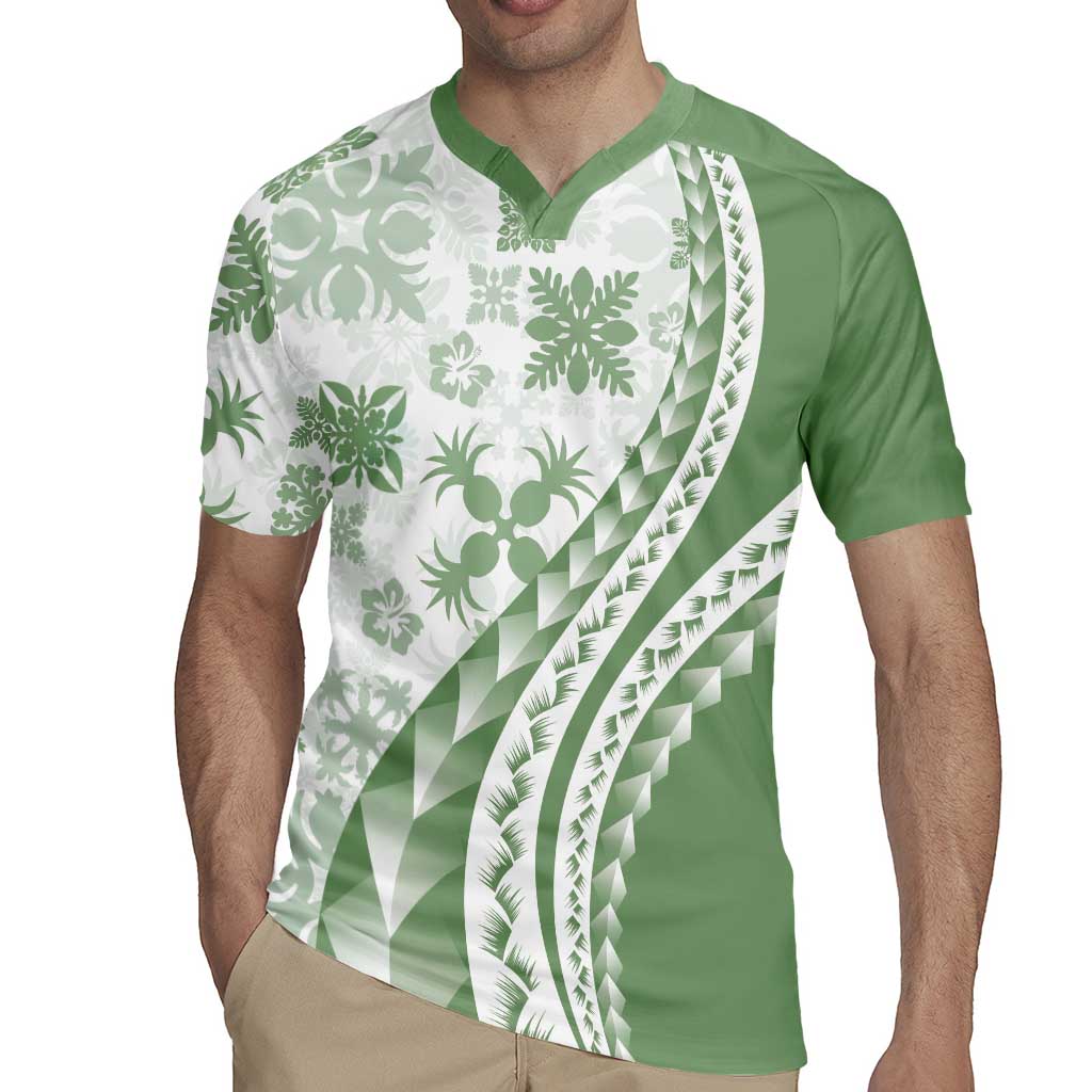 Green Hawaiian Quilt Pattern Rugby Jersey Mixed Polynesian Tribal Arty