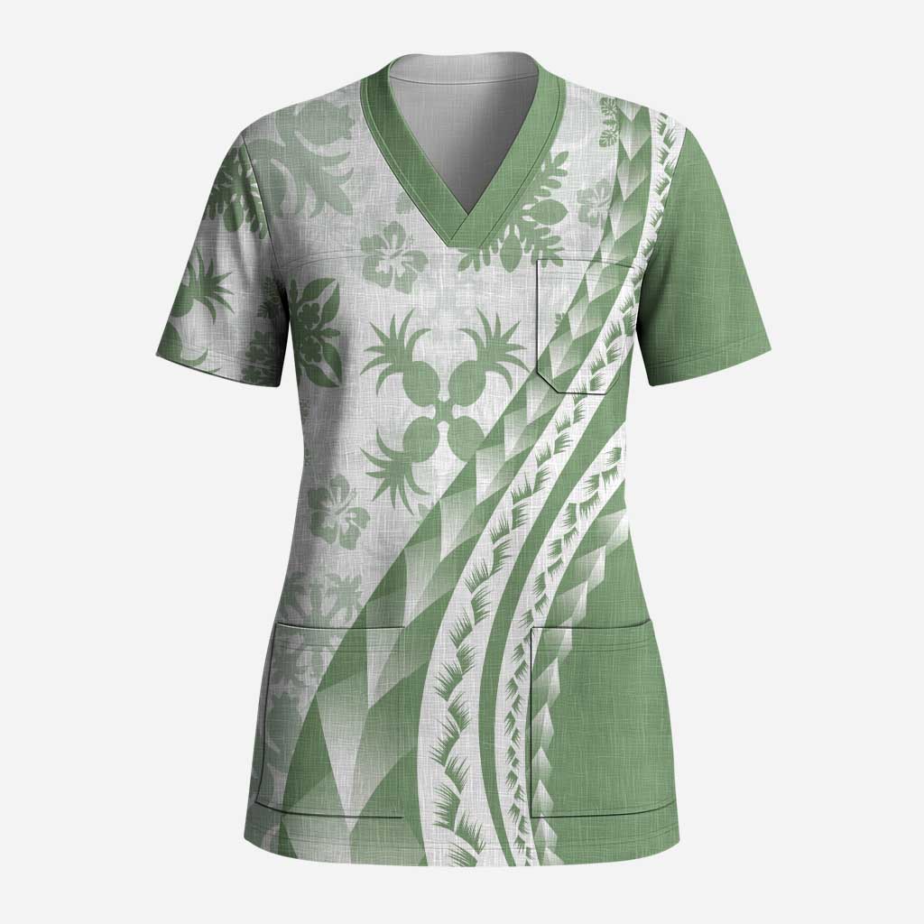 Green Hawaiian Quilt Pattern Scrub Top Mixed Polynesian Tribal Arty - Polynesian Pride