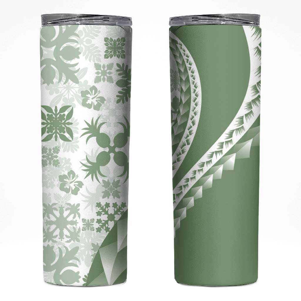Green Hawaiian Quilt Pattern Skinny Tumbler Mixed Polynesian Tribal Arty