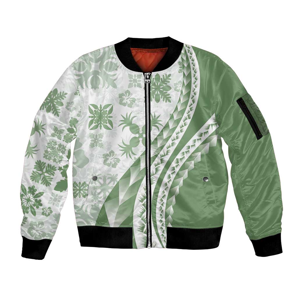 Green Hawaiian Quilt Pattern Sleeve Zip Bomber Jacket Mixed Polynesian Tribal Arty LT9 Unisex Green - Polynesian Pride