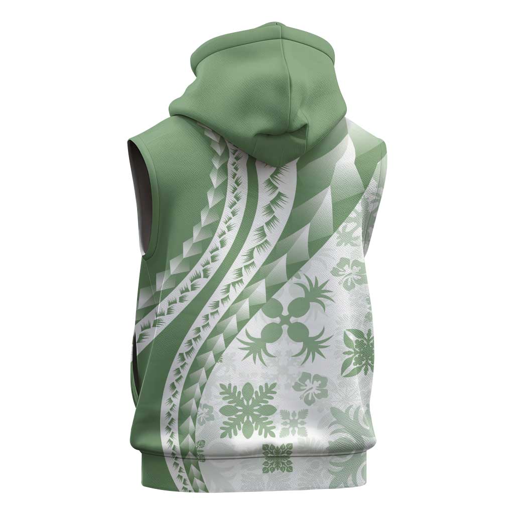 Green Hawaiian Quilt Pattern Sleeveless Zip Hoodie Mixed Polynesian Tribal Arty - Polynesian Pride