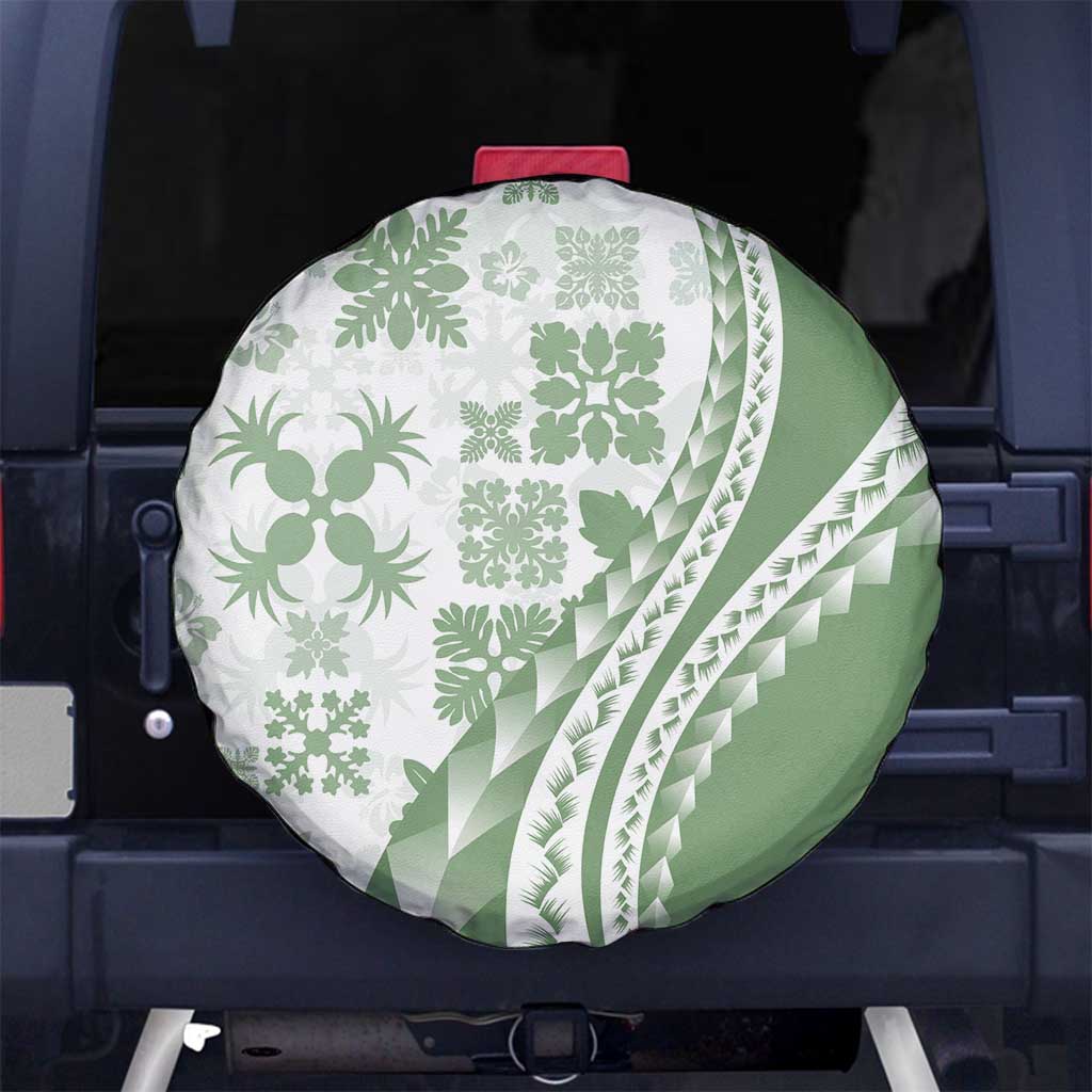 Green Hawaiian Quilt Pattern Spare Tire Cover Mixed Polynesian Tribal Arty