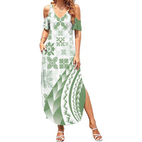 Green Hawaiian Quilt Pattern Summer Maxi Dress Mixed Polynesian Tribal Arty