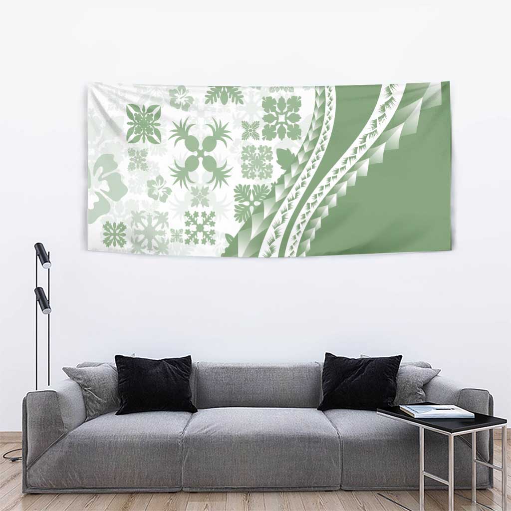 Green Hawaiian Quilt Pattern Tapestry Mixed Polynesian Tribal Arty