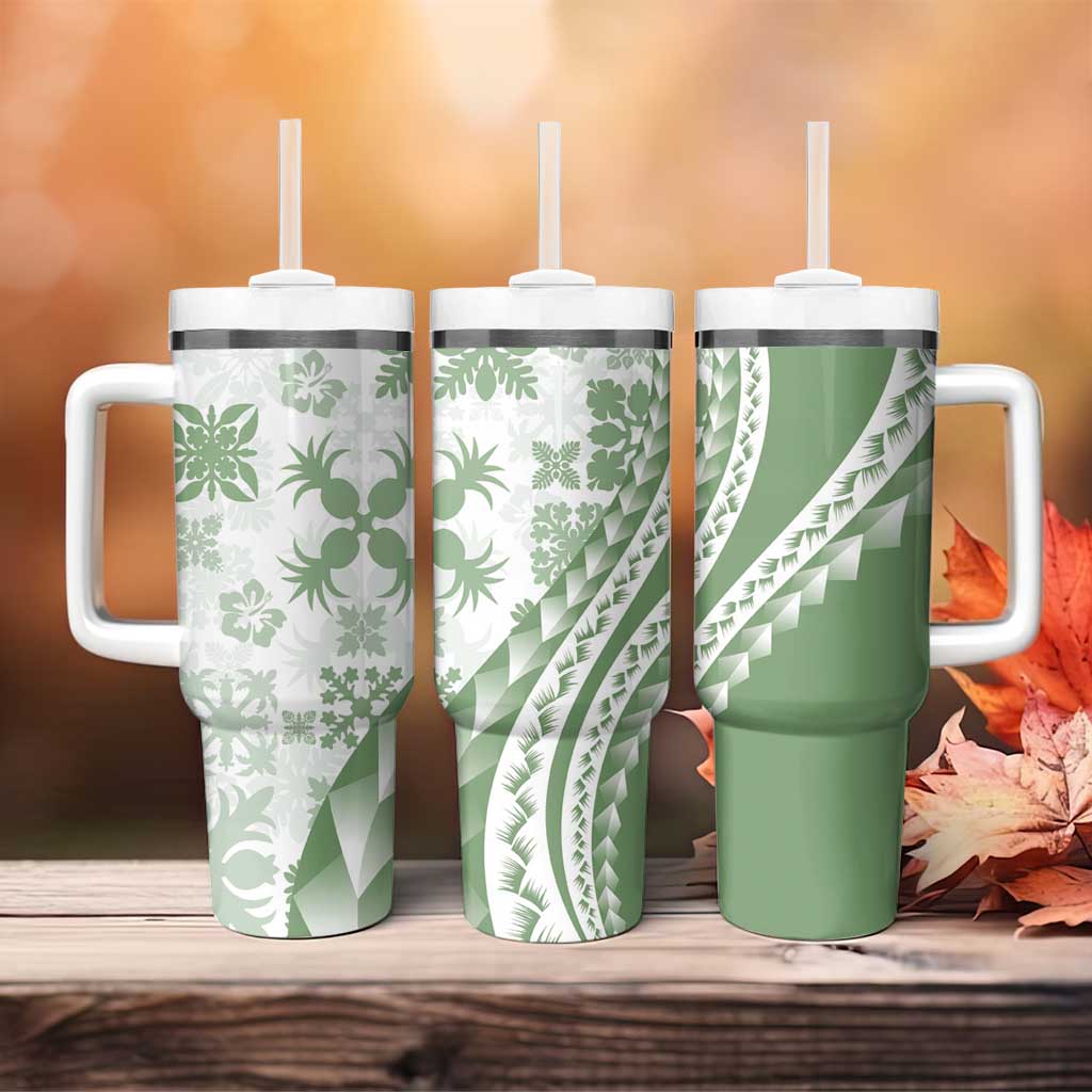 Green Hawaiian Quilt Pattern Tumbler With Handle Mixed Polynesian Tribal Arty