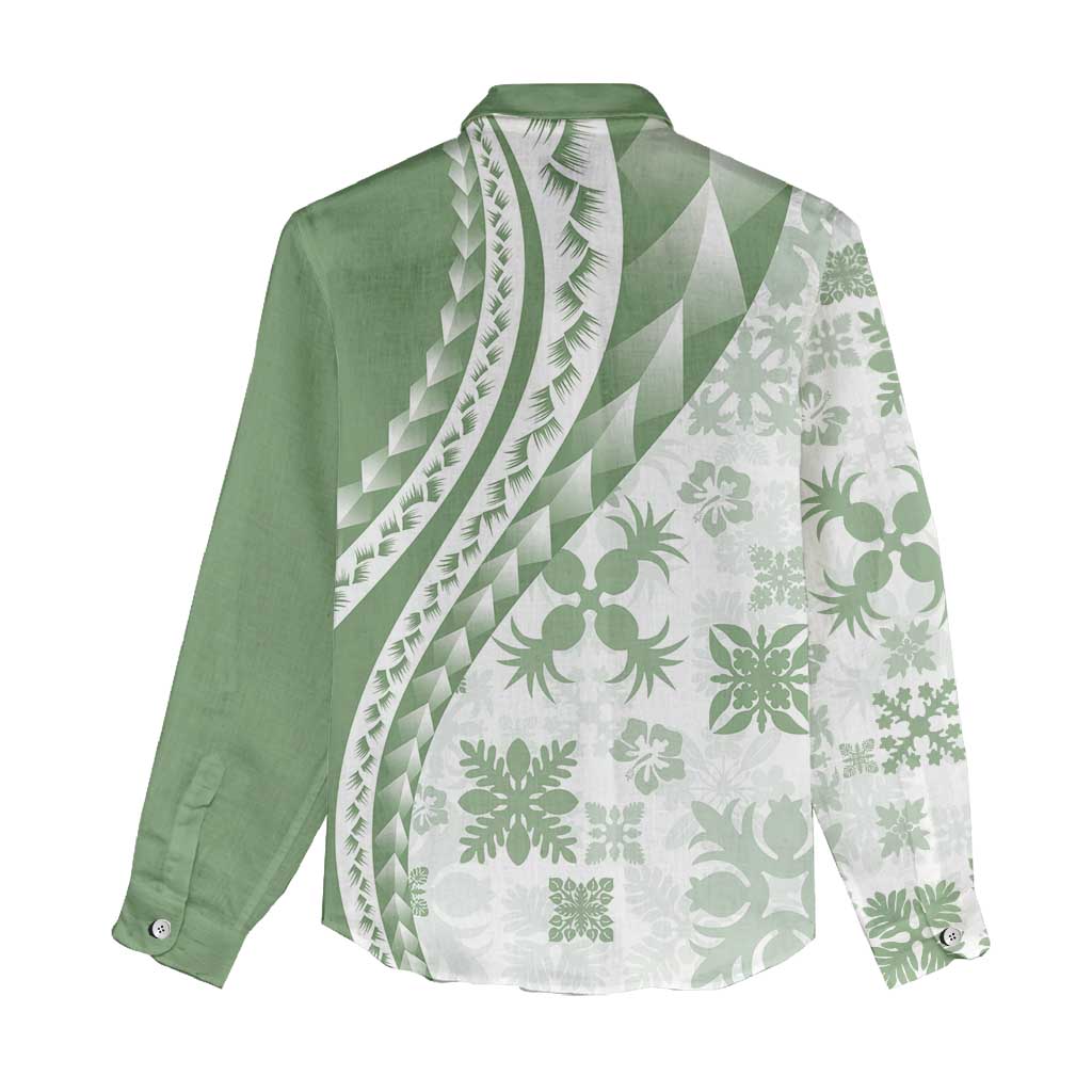 Green Hawaiian Quilt Pattern Women Casual Shirt Mixed Polynesian Tribal Arty