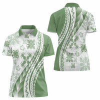 Green Hawaiian Quilt Pattern Women Polo Shirt Mixed Polynesian Tribal Arty