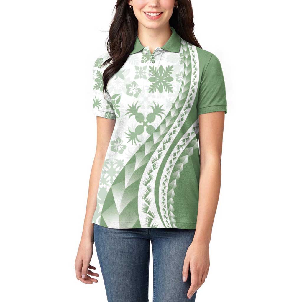 Green Hawaiian Quilt Pattern Women Polo Shirt Mixed Polynesian Tribal Arty