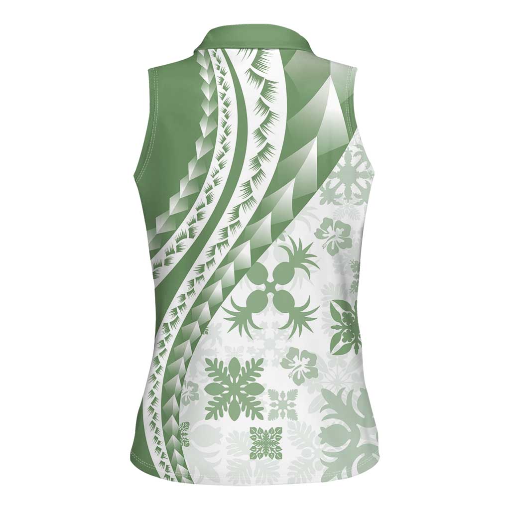 Green Hawaiian Quilt Pattern Women Sleeveless Polo Shirt Mixed Polynesian Tribal Arty