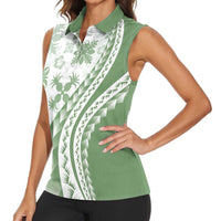 Green Hawaiian Quilt Pattern Women Sleeveless Polo Shirt Mixed Polynesian Tribal Arty