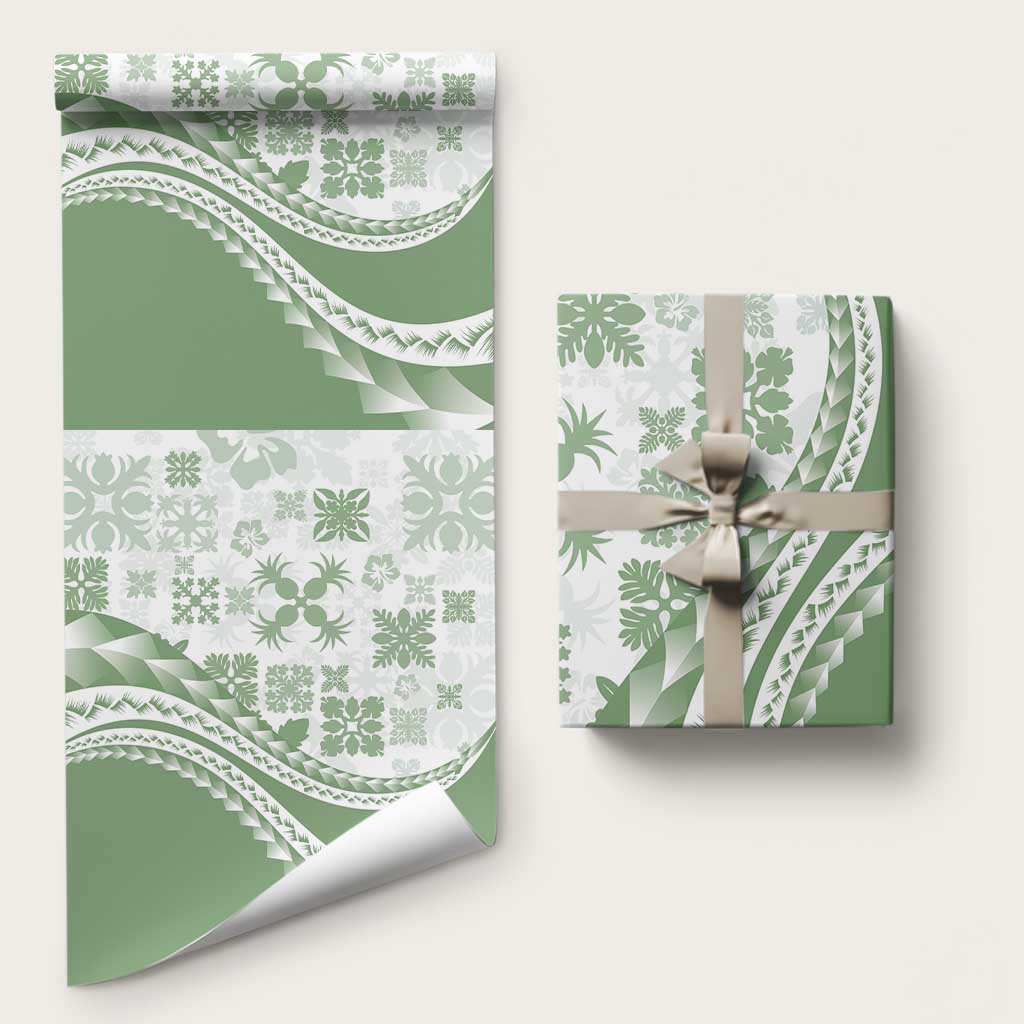 Green Hawaiian Quilt Pattern Wrapping Paper Mixed Polynesian Tribal Arty - Polynesian Pride
