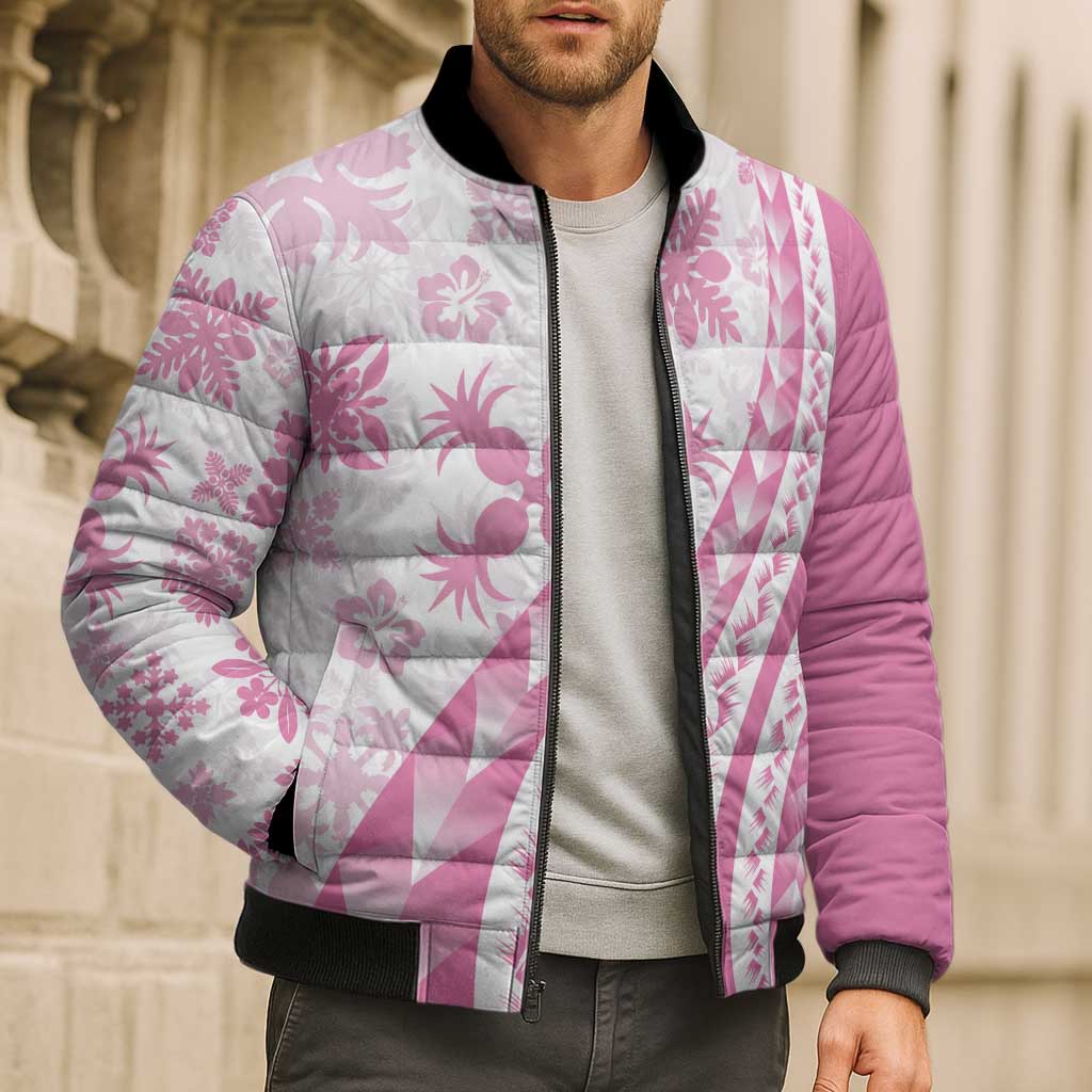 Pink Hawaiian Quilt Pattern Bomber Puffer Jacket Mixed Polynesian Tribal Arty - Polynesian Pride