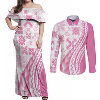 Pink Hawaiian Quilt Pattern Couples Matching Off Shoulder Maxi Dress and Long Sleeve Button Shirt Mixed Polynesian Tribal Arty LT9 Pink - Polynesian Pride