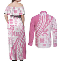 Pink Hawaiian Quilt Pattern Couples Matching Off Shoulder Maxi Dress and Long Sleeve Button Shirt Mixed Polynesian Tribal Arty LT9 - Polynesian Pride