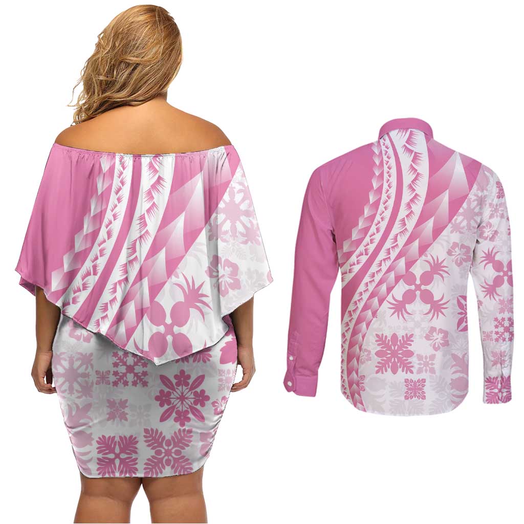 Pink Hawaiian Quilt Pattern Couples Matching Off Shoulder Short Dress and Long Sleeve Button Shirt Mixed Polynesian Tribal Arty LT9 - Polynesian Pride