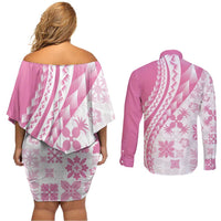 Pink Hawaiian Quilt Pattern Couples Matching Off Shoulder Short Dress and Long Sleeve Button Shirt Mixed Polynesian Tribal Arty LT9 - Polynesian Pride