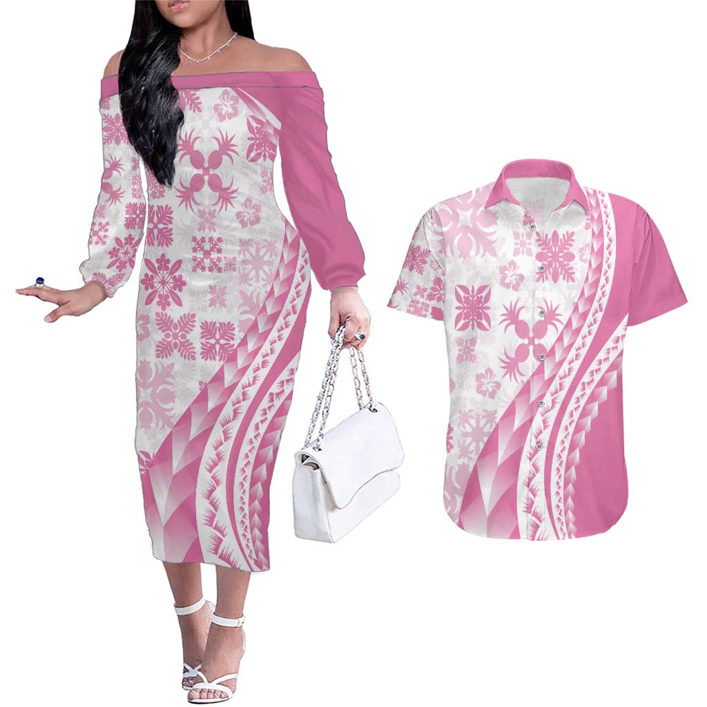 Pink Hawaiian Quilt Pattern Couples Matching Off The Shoulder Long Sleeve Dress and Hawaiian Shirt Mixed Polynesian Tribal Arty