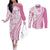 Pink Hawaiian Quilt Pattern Couples Matching Off The Shoulder Long Sleeve Dress and Long Sleeve Button Shirt Mixed Polynesian Tribal Arty