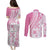 Pink Hawaiian Quilt Pattern Couples Matching Puletasi and Long Sleeve Button Shirt Mixed Polynesian Tribal Arty