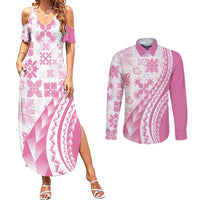 Pink Hawaiian Quilt Pattern Couples Matching Summer Maxi Dress and Long Sleeve Button Shirt Mixed Polynesian Tribal Arty LT9 Pink - Polynesian Pride