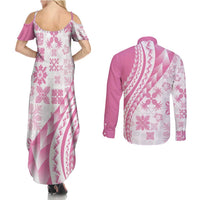 Pink Hawaiian Quilt Pattern Couples Matching Summer Maxi Dress and Long Sleeve Button Shirt Mixed Polynesian Tribal Arty LT9 - Polynesian Pride