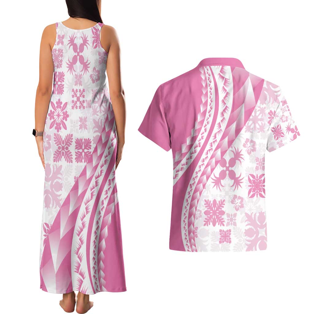 Pink Hawaiian Quilt Pattern Couples Matching Tank Maxi Dress and Hawaiian Shirt Mixed Polynesian Tribal Arty