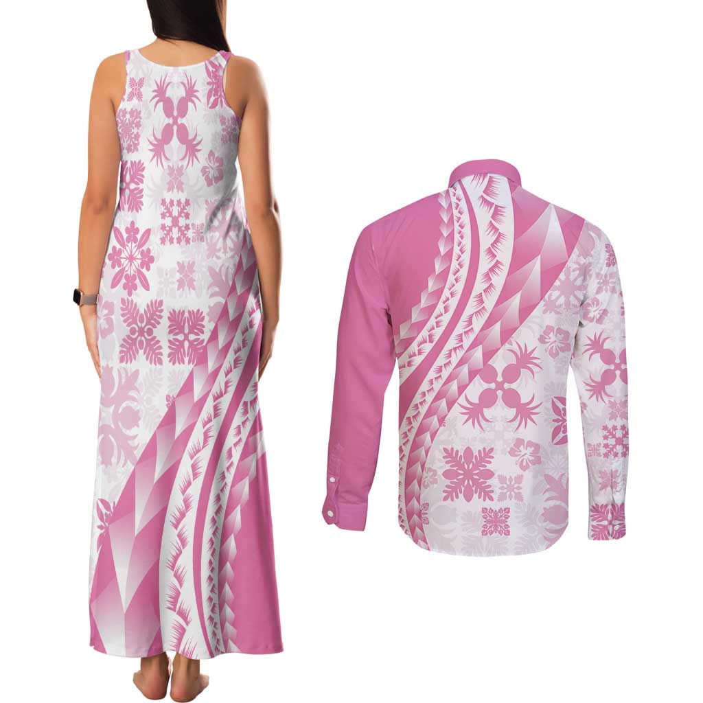 Pink Hawaiian Quilt Pattern Couples Matching Tank Maxi Dress and Long Sleeve Button Shirt Mixed Polynesian Tribal Arty LT9 - Polynesian Pride