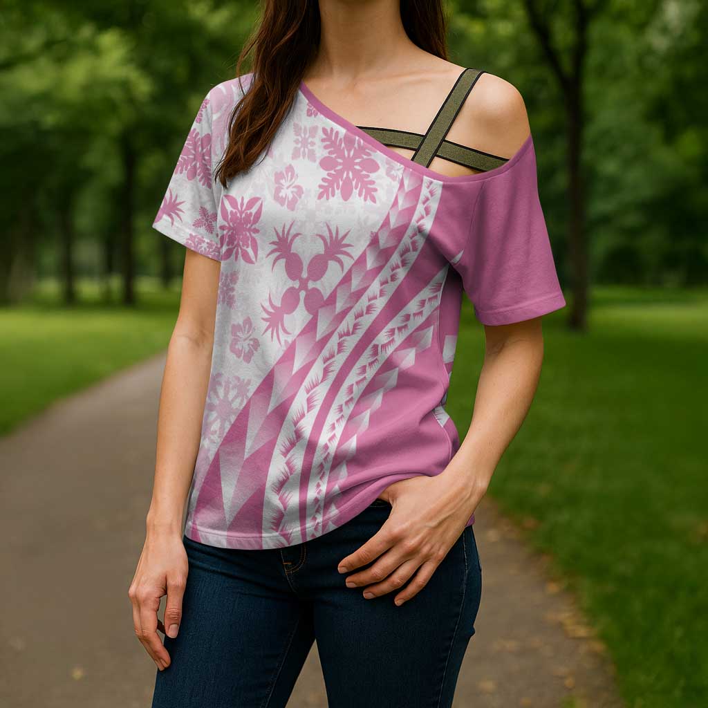Pink Hawaiian Quilt Pattern Cross Shoulder Shirt Mixed Polynesian Tribal Arty - Polynesian Pride