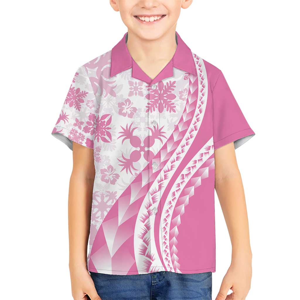 Pink Hawaiian Quilt Pattern Family Matching Long Sleeve Bodycon Dress and Hawaiian Shirt Mixed Polynesian Tribal Arty