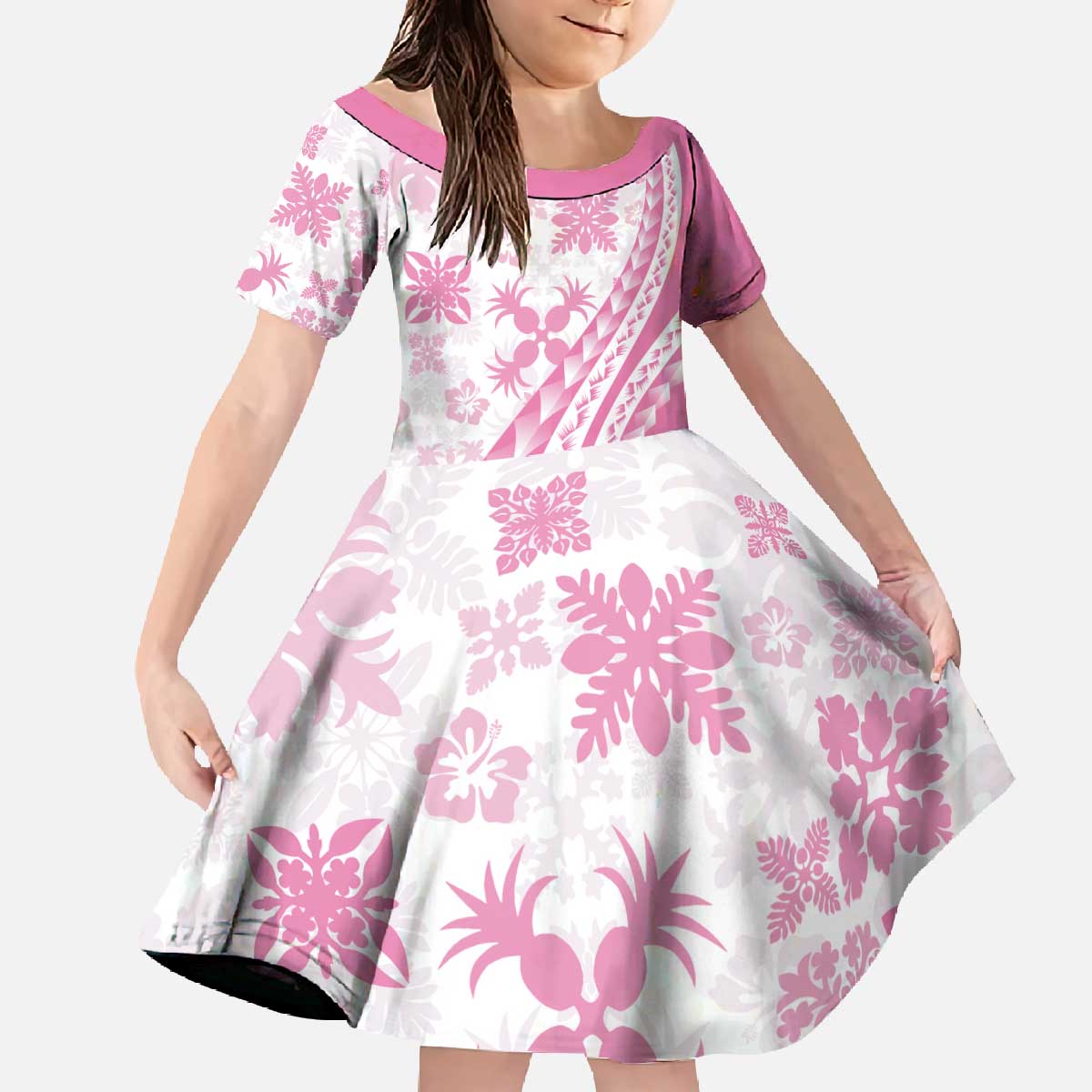 Pink Hawaiian Quilt Pattern Family Matching Off The Shoulder Long Sleeve Dress and Hawaiian Shirt Mixed Polynesian Tribal Arty