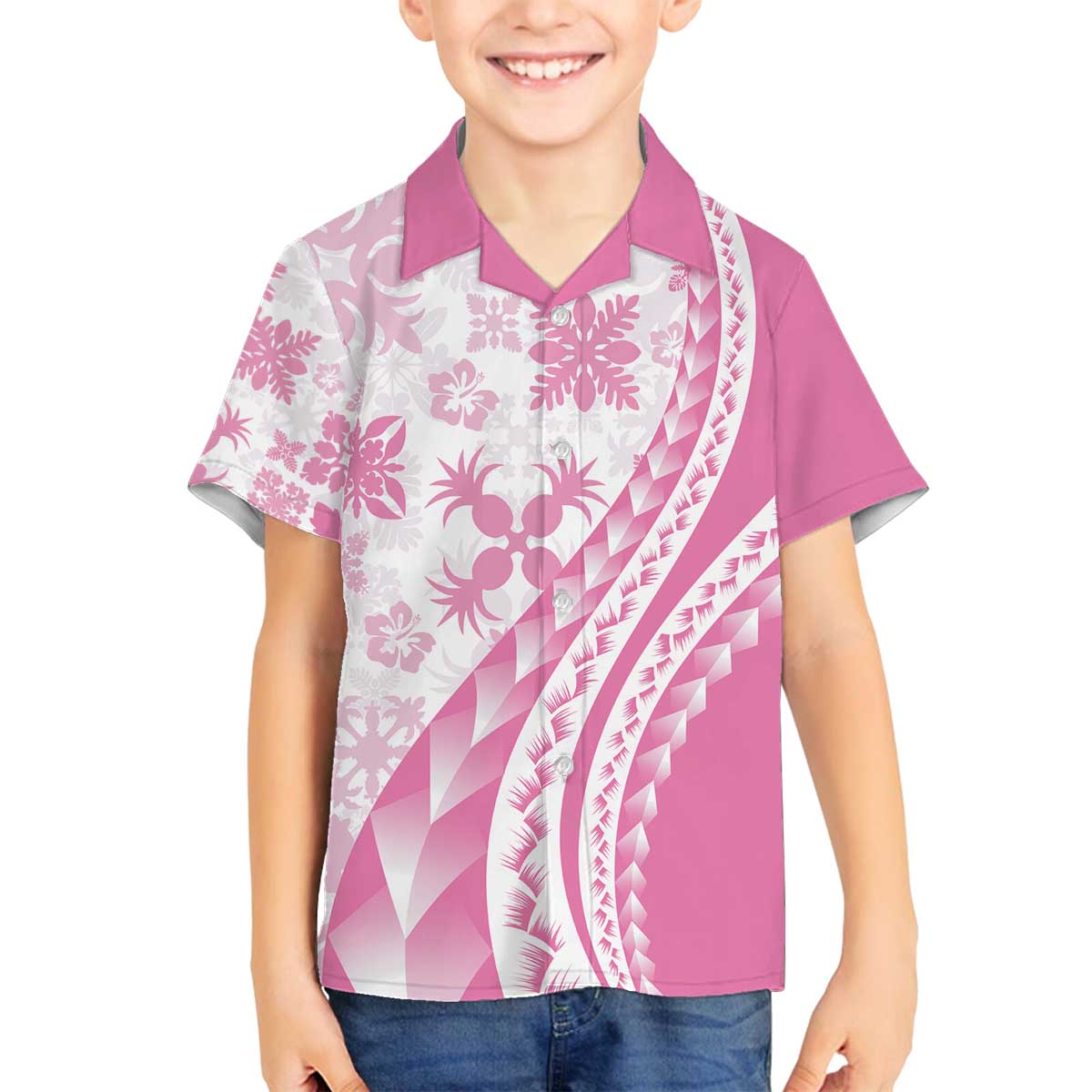 Pink Hawaiian Quilt Pattern Family Matching Off The Shoulder Long Sleeve Dress and Hawaiian Shirt Mixed Polynesian Tribal Arty