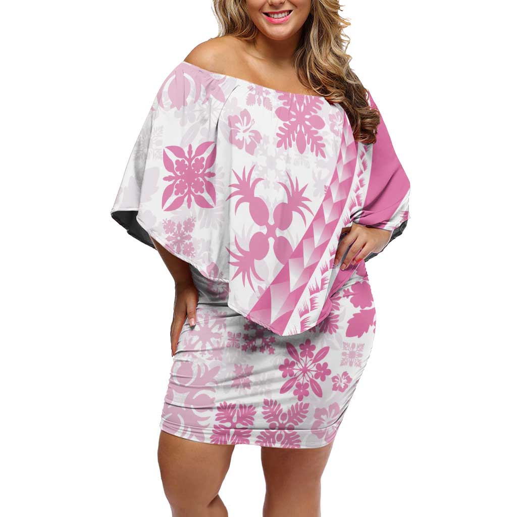 Pink Hawaiian Quilt Pattern Family Matching Off Shoulder Short Dress and Hawaiian Shirt Mixed Polynesian Tribal Arty