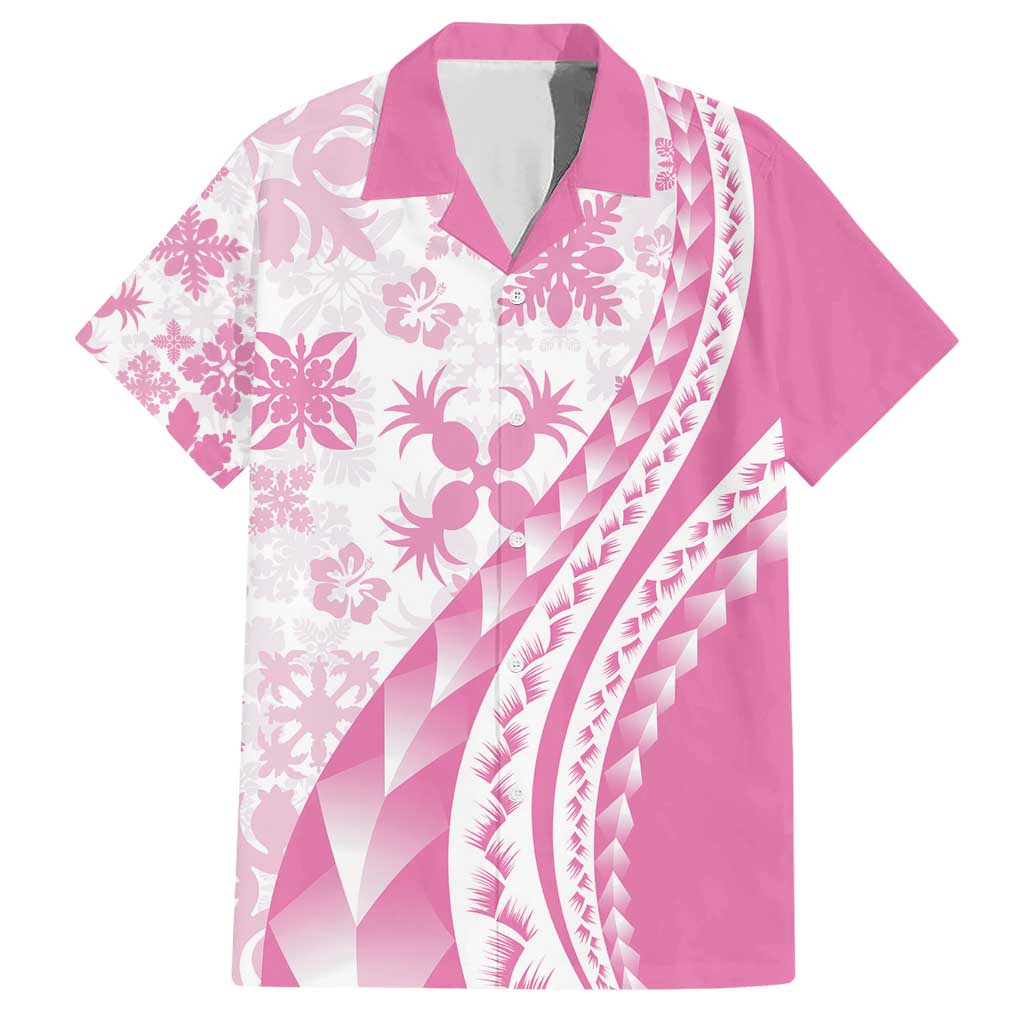 Pink Hawaiian Quilt Pattern Family Matching Short Sleeve Bodycon Dress and Hawaiian Shirt Mixed Polynesian Tribal Arty