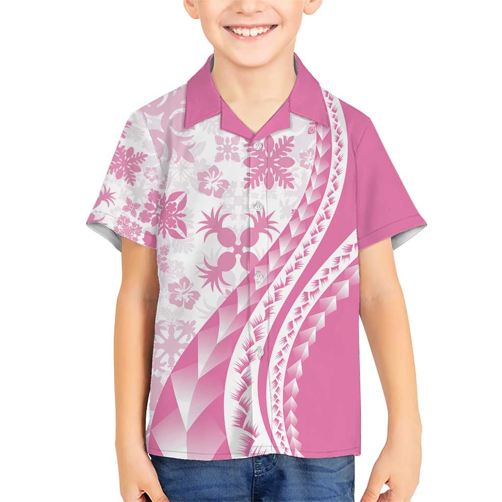 Pink Hawaiian Quilt Pattern Family Matching Short Sleeve Bodycon Dress and Hawaiian Shirt Mixed Polynesian Tribal Arty