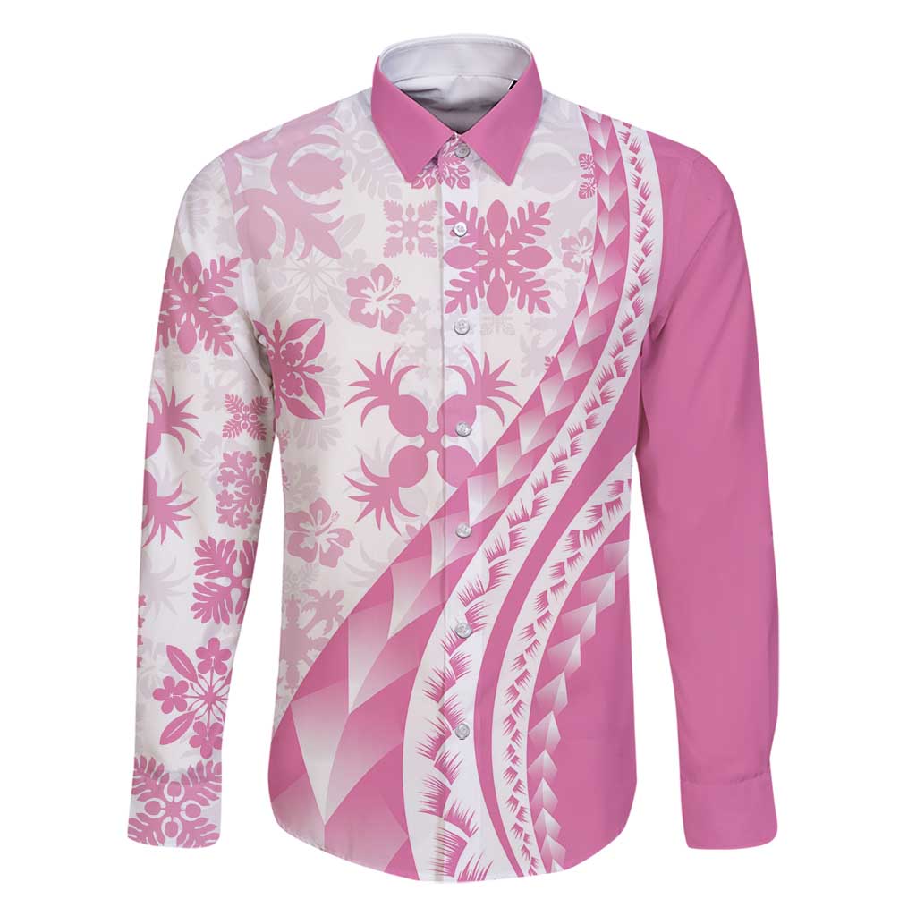 Pink Hawaiian Quilt Pattern Family Matching Summer Maxi Dress and Hawaiian Shirt Mixed Polynesian Tribal Arty